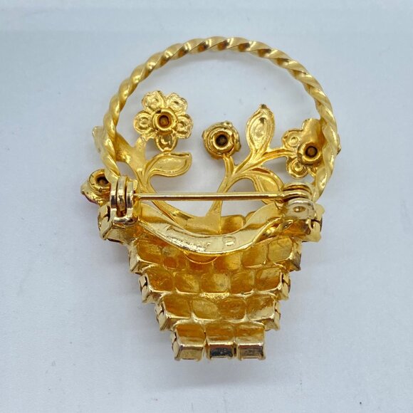 Vtg Gold Tone Rhinestone Floral Basket Brooch Pin Multicolor 1 Piece UV Reactive - Picture 6 of 10